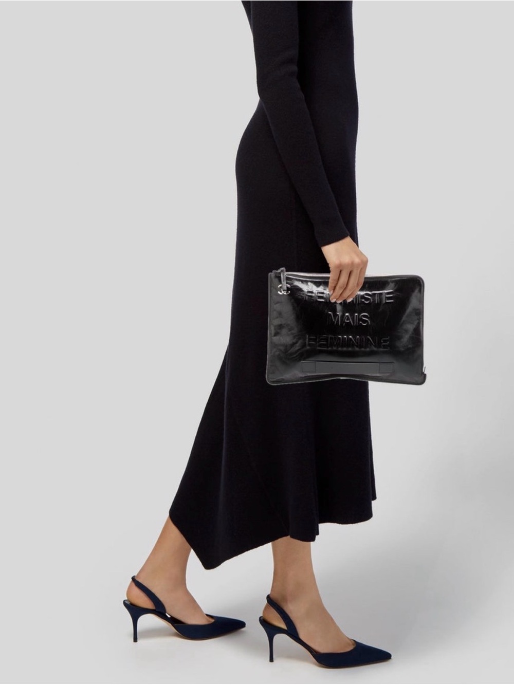 CLEAN. CHANEL Black Leather 'Feministe Mais Feminine' Zip Clutch & COA - Picture 2 of 10